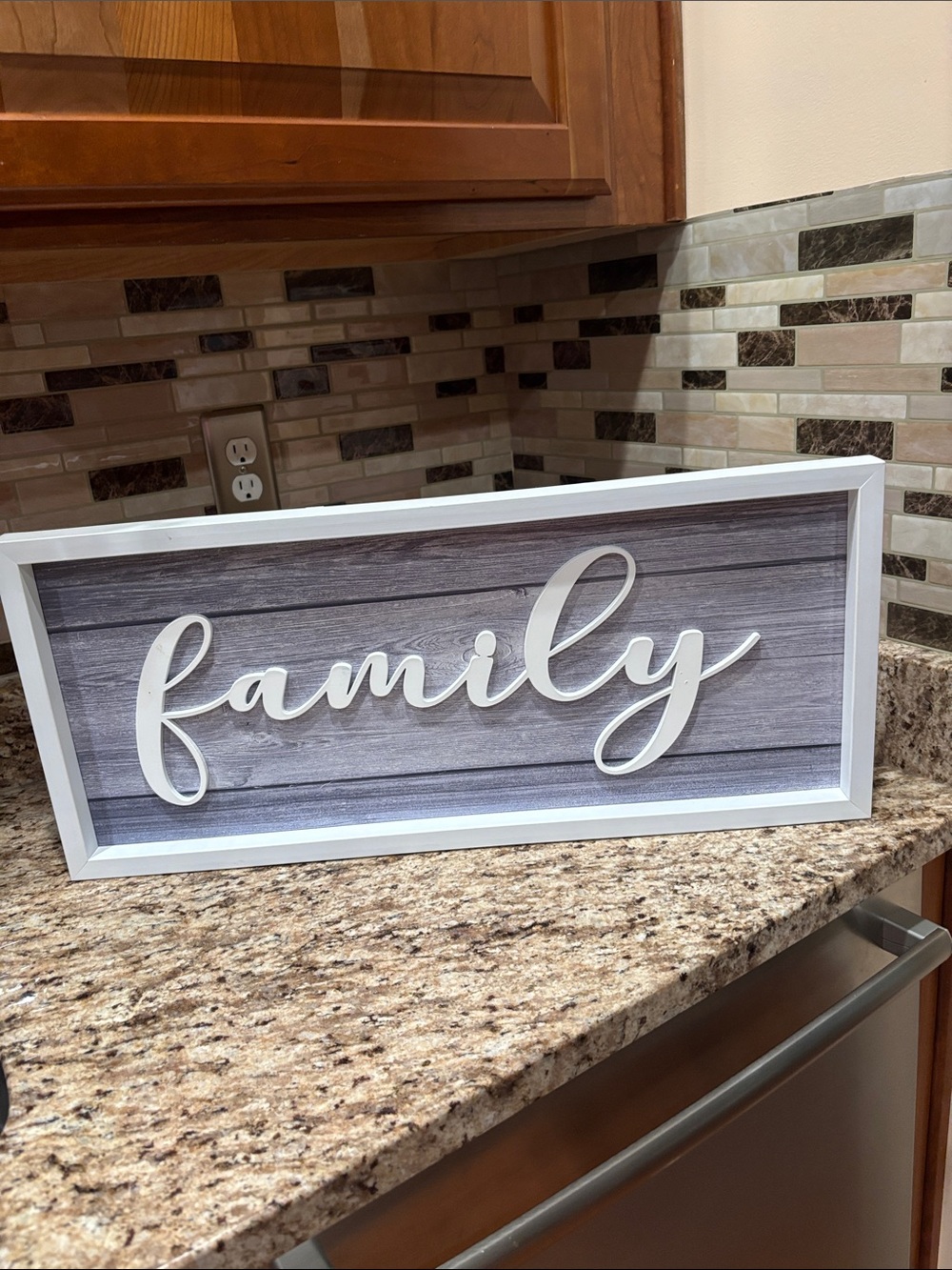 Family Wooden Wall Sign - White Script on Gray Wood